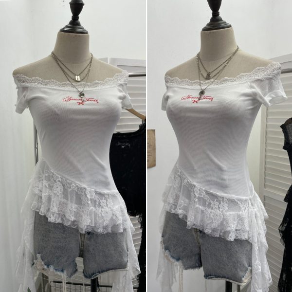 One-Shoulder Mesh T-Shirt Print Short Fitted Top