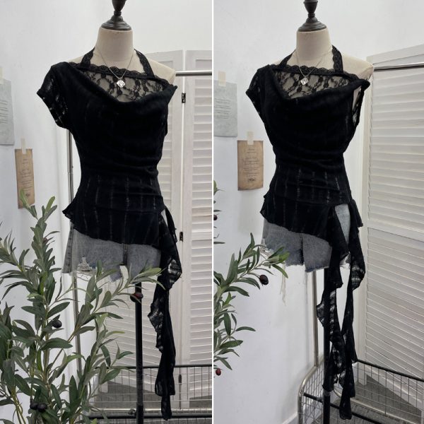 Lace Splicing Swing Collar Halter Off-Shoulder T-Shirt Women