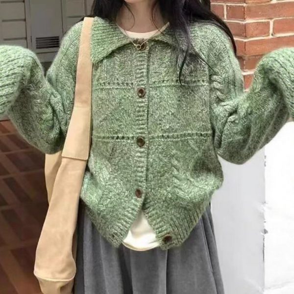Retro Cable Knit Collar Cardigan Women's Loose Fit Versatile Lazy Style Sweater Jacket