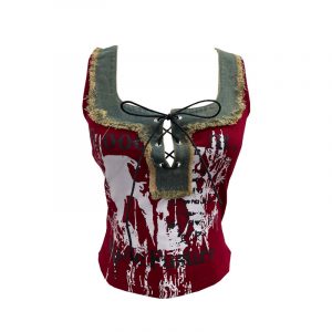 Edge denim patchwork printed vest with tie bow short sleeveless top