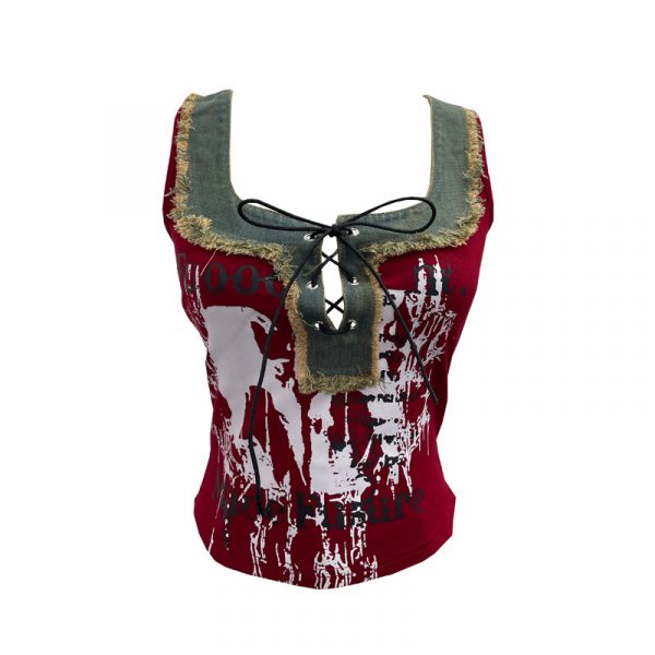 Edge denim patchwork printed vest with tie bow short sleeveless top