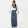 Women's Dark Blue Striped Wide-Leg Jeans Loose Casual Straight Floor-Length Pants