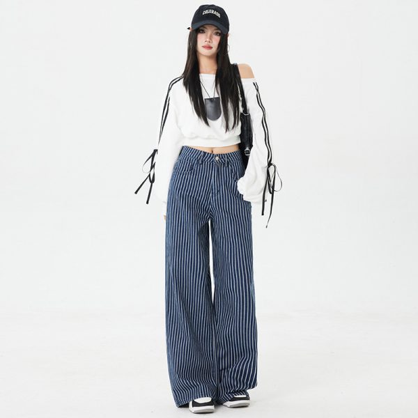 Women's Dark Blue Striped Wide-Leg Jeans Loose Casual Straight Floor-Length Pants