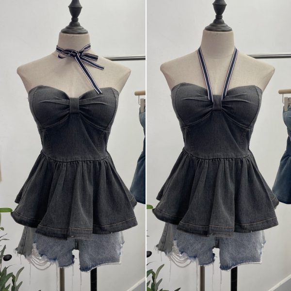 Tie up bow hanging neck short strapless top for women
