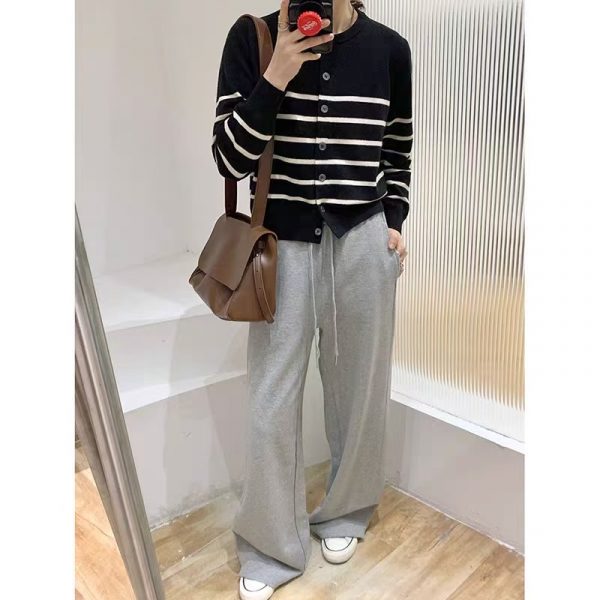 Color Block Stripe Knit Cardigan Version Loose Fit Versatile High-Grade Temperament Sweater Coat for Women