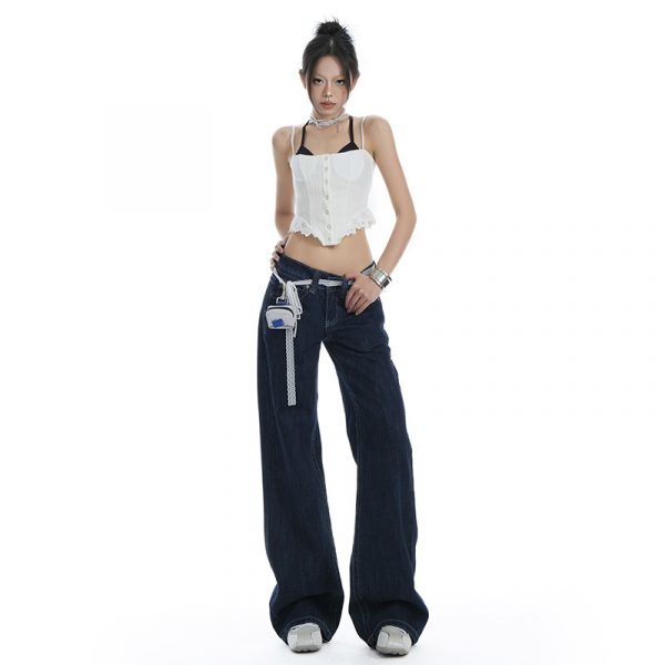 Women's Original Color Straight Leg Jeans Low Waist Slim Wide Leg Long Pants