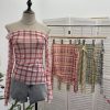 Plaid one shoulder slim embroidered top