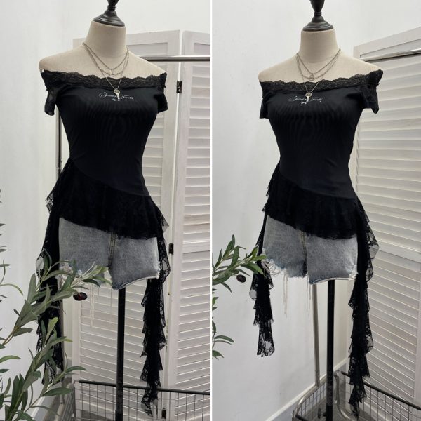 One-Shoulder Mesh T-Shirt Print Short Fitted Top