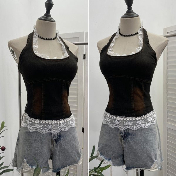 Lace patchwork neck hanging sleeveless top