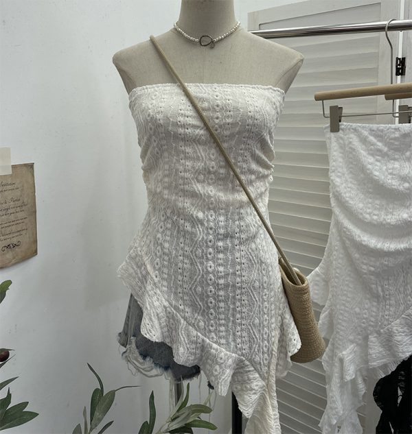 Lace strapless irregular ruffled ribbon sleeveless top