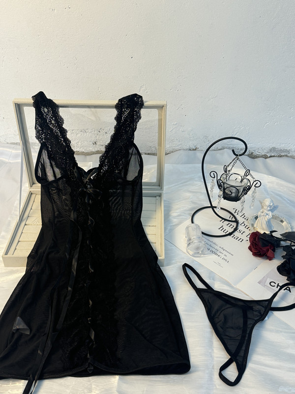 Sexy Lace V-Neck Transparent Temptation Nightgown Erotic Underwear Pure Desire Temptation with Thong