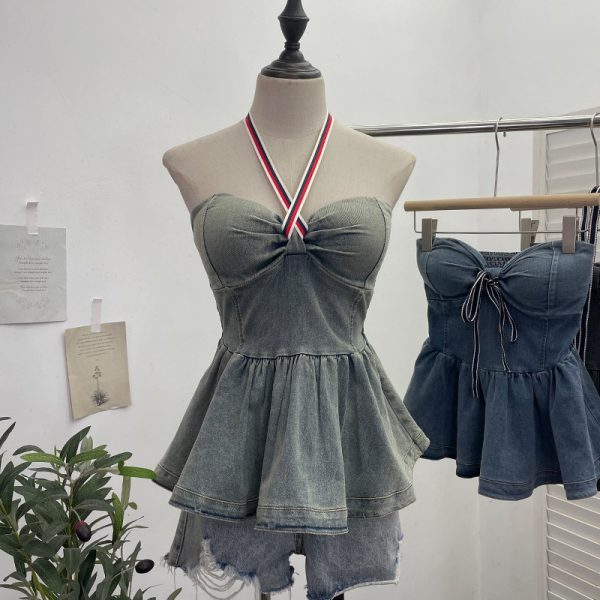 Tie up bow hanging neck short strapless top for women