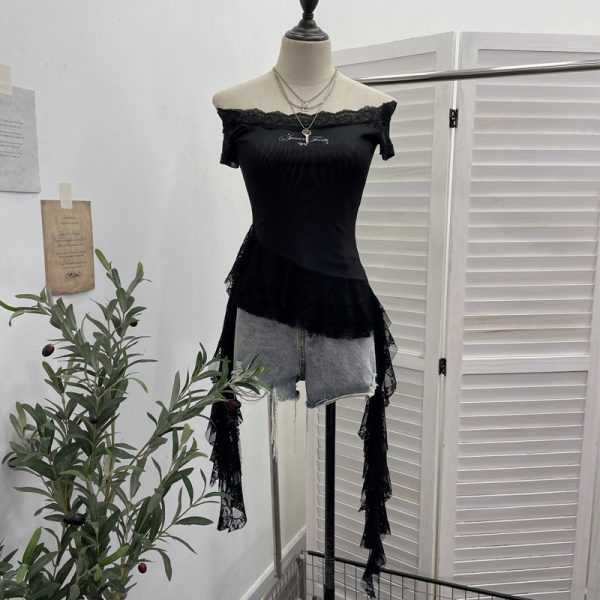 One-Shoulder Mesh T-Shirt Print Short Fitted Top