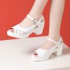 One-Strap High Heel Genuine Leather Sandals for Women White Chunky Heel Thick Sole Waterproof Platform Versatile Wide Size Mother Shoes
