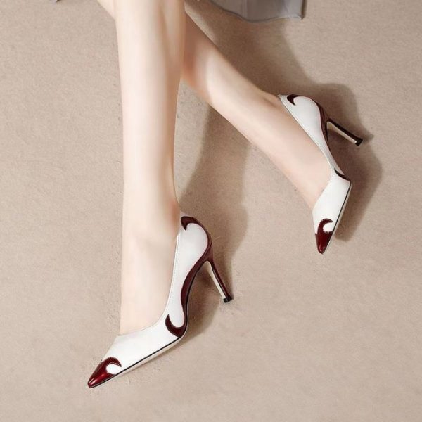 Red and green dragonfly pointed slender heel banquet women's shoes color blocked single shoes for women