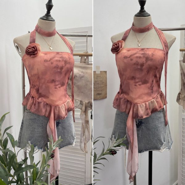 Printed neck hanging flower strapless sleeveless top