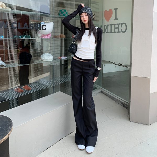 Women's Black Low Waist Suit Flare Trousers Slimming Casual Floor-Length Pants