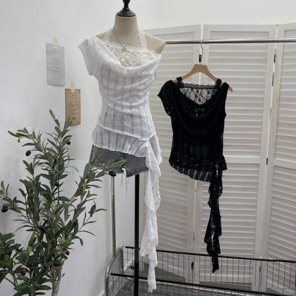 Lace Splicing Swing Collar Halter Off-Shoulder T-Shirt Women