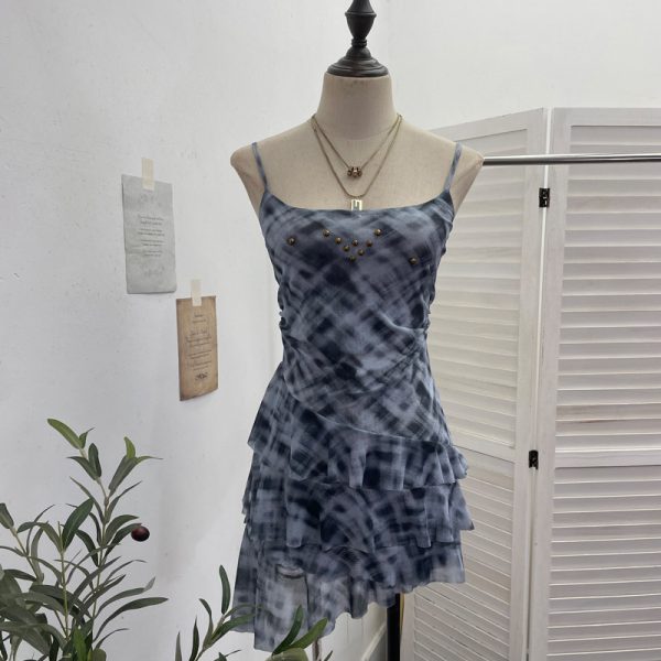 Irregular Rivet Mesh Camisole Dress with Ruffle Strap Sleeveless Top