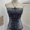 Denim Pattern Tie-Dye Printed Mesh Spaghetti Strap Top