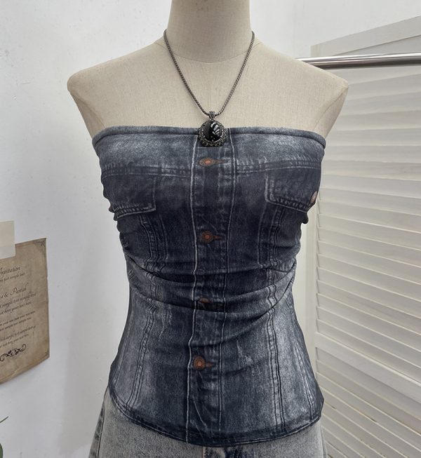 Denim Pattern Tie-Dye Printed Mesh Spaghetti Strap Top