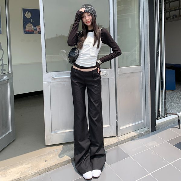 Women's Black Low Waist Suit Flare Trousers Slimming Casual Floor-Length Pants