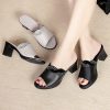 Summer Women's Outdoor Leather Mid-Heel Chunky Heel Comfortable Anti-Slip Soft Sole Large Size Sandals