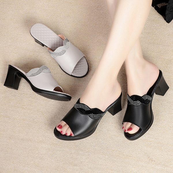 Summer Women's Outdoor Leather Mid-Heel Chunky Heel Comfortable Anti-Slip Soft Sole Large Size Sandals