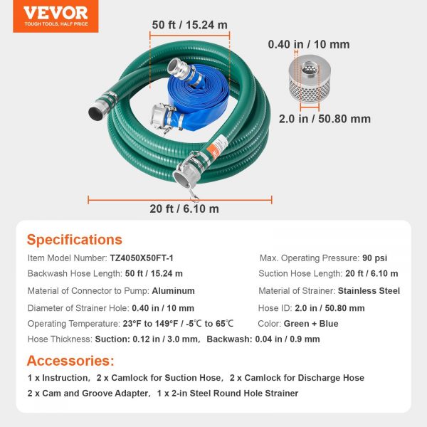 Suction Hose Kit For WaterPump 2 In X 20 Ft Green 50 Ft Blue Hoses