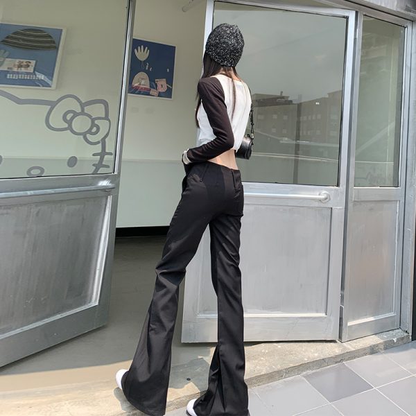 Women's Black Low Waist Suit Flare Trousers Slimming Casual Floor-Length Pants