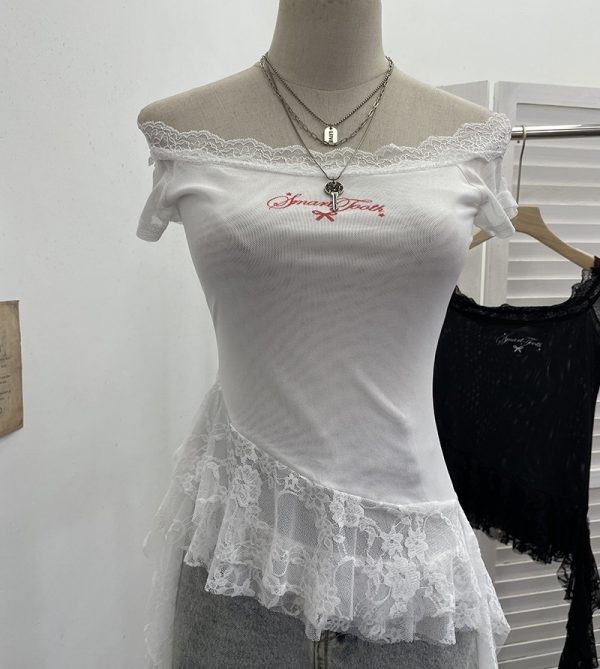 One-Shoulder Mesh T-Shirt Print Short Fitted Top