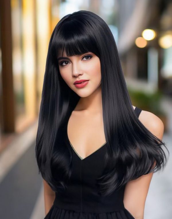 Medium-length Wavy Straight Hair Fully Machine-made Wig 26 Inches Natural Black Heat-resistant Fiber High-temperature Silk Wig Dyeable And Soupable Bangs Synthetic Wig. Natural Black Wave Wig For Wom