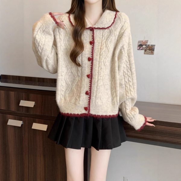 Style Temperament Heart Buckle Peter Pan Collar Knitted Cardigan Women Loose Cute Wind Sweater Jacket