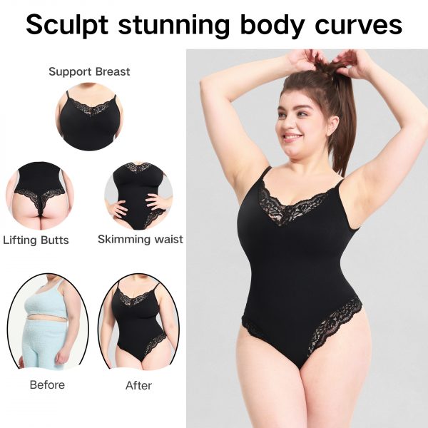 Plus Size Lace Thong Open Crotch Abdominal Support Bodysuit Strap Shapewear Underwear