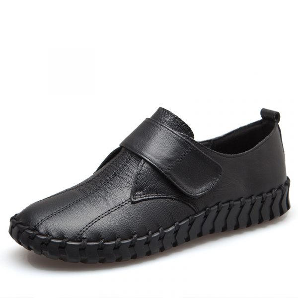 Shenrui Brand Spring and Autumn New Genuine Leather Women's Shoes with Deep Mouth Velcro Stitching Flat Sole Anti-Slip Middle-aged and Elderly Single Shoes