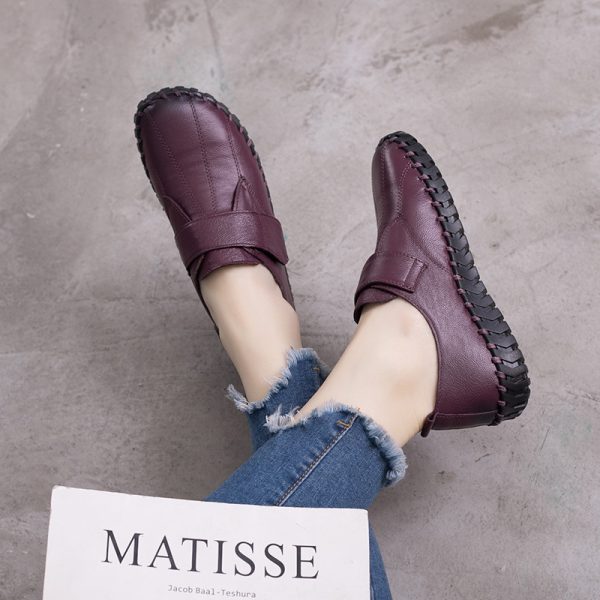 Shenrui Brand Spring and Autumn New Genuine Leather Women's Shoes with Deep Mouth Velcro Stitching Flat Sole Anti-Slip Middle-aged and Elderly Single Shoes
