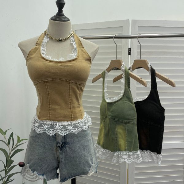 Lace patchwork neck hanging sleeveless top