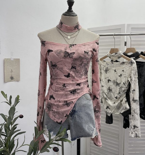 Butterfly neck hanging long sleeved T-shirt top