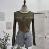Denim Splicing Mesh Design Long Sleeve T-Shirt with Drawstring Tie Short Fitted Top
