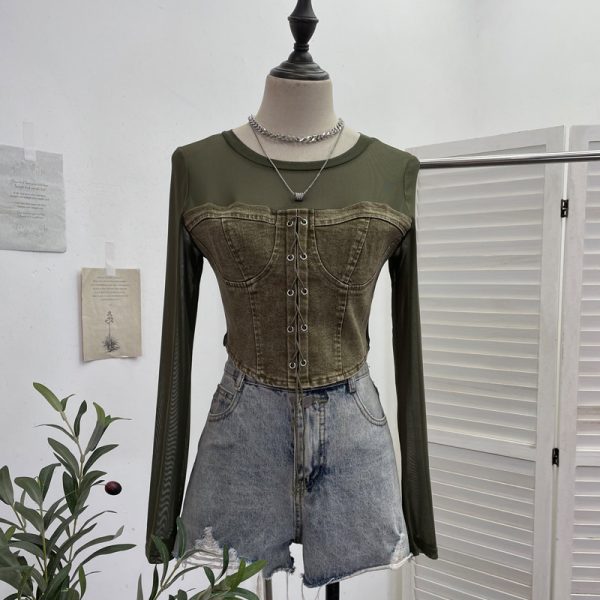 Denim Splicing Mesh Design Long Sleeve T-Shirt with Drawstring Tie Short Fitted Top