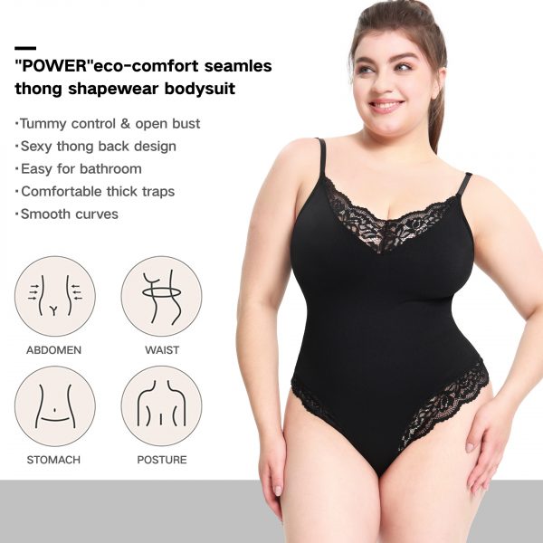 Plus Size Lace Thong Open Crotch Abdominal Support Bodysuit Strap Shapewear Underwear