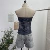 Denim Pattern Tie-Dye Printed Mesh Spaghetti Strap Top