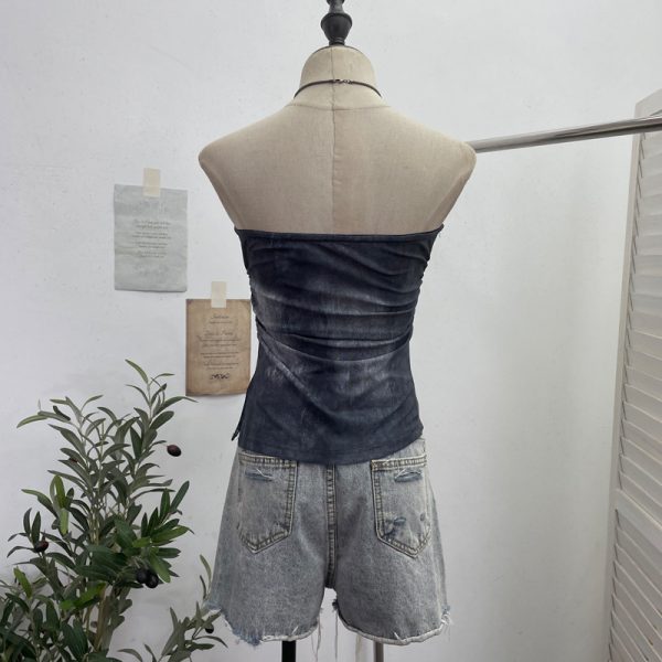 Denim Pattern Tie-Dye Printed Mesh Spaghetti Strap Top
