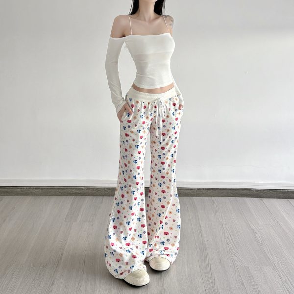 Home casual lace up floral loose slimming walking pants