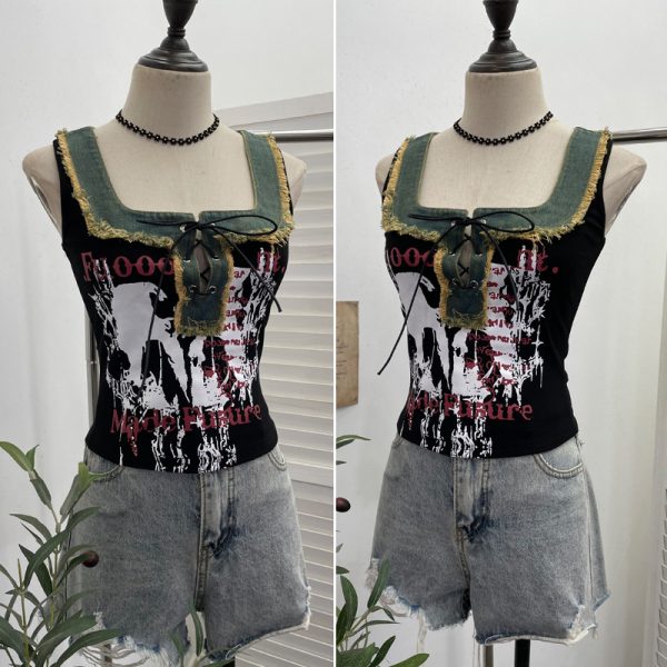 Edge denim patchwork printed vest with tie bow short sleeveless top