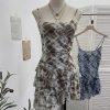 Irregular Rivet Mesh Camisole Dress with Ruffle Strap Sleeveless Top
