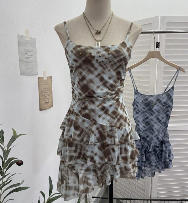 Irregular Rivet Mesh Camisole Dress with Ruffle Strap Sleeveless Top