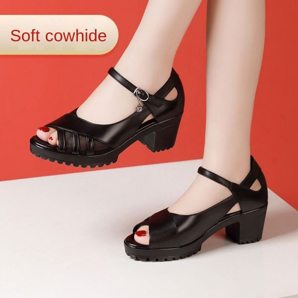 One-Strap High Heel Genuine Leather Sandals for Women White Chunky Heel Thick Sole Waterproof Platform Versatile Wide Size Mother Shoes