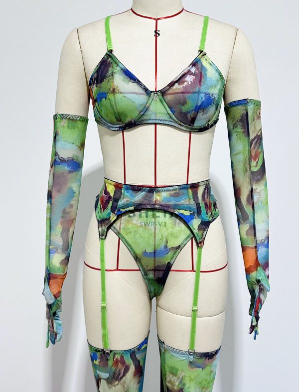 Cross-border  Sexy Underwear Five-piece Set with Gloves, Stockings, Tie-dye Design, Colorful Design, Erotic Underwear Set