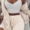 3pcs Womens Clothing Long Sleeve Crop Tank Top And Drawstring Shorts Pajama Set